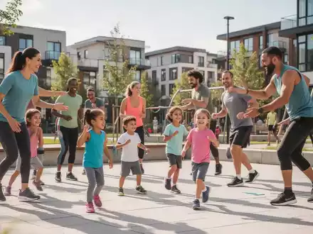 Eltern und Kinder bei gemeinsamen sportlichen Aktivitäten im Freien in einem modernen Wohnquartier. - Foto: über boerse-global.de
