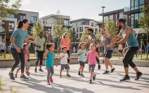 Eltern und Kinder bei gemeinsamen sportlichen Aktivitäten im Freien in einem modernen Wohnquartier. - Foto: über boerse-global.de