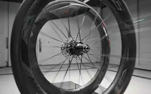 Nahaufnahme eines aerodynamischen Carbon-Fahrradlaufrads in einem Windkanal zur Optimierung der sportlichen Effizienz. - Foto: über boerse-global.de