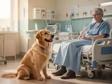 Ein Therapiehund sitzt ruhig neben einem Patienten in einem modernen Krankenhauszimmer zur Stressreduktion. - Foto: über boerse-global.de
