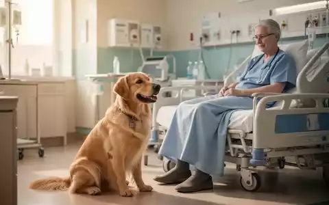 Ein Therapiehund sitzt ruhig neben einem Patienten in einem modernen Krankenhauszimmer zur Stressreduktion. - Foto: über boerse-global.de