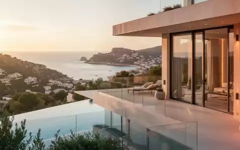 Moderne Luxusvilla auf Mallorca mit Blick auf das Mittelmeer bei Sonnenuntergang. - Foto: über boerse-global.de