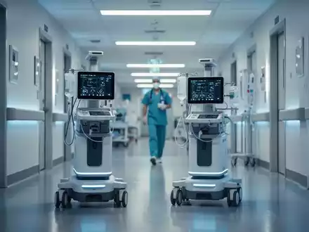 Ein moderner Krankenhausflur mit einem medizinischen Assistenzroboter vor verschwommenem Klinikpersonal. - Foto: über boerse-global.de