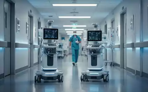 Ein moderner Krankenhausflur mit einem medizinischen Assistenzroboter vor verschwommenem Klinikpersonal. - Foto: über boerse-global.de