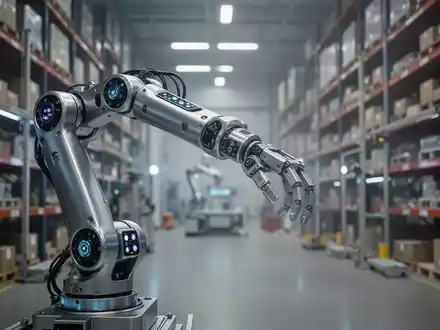 Ein humanoider Industrieroboter arbeitet in einem modernen Lagerhaus, umgeben von Logistikregalen. - Foto: ĂŒber boerse-global.de