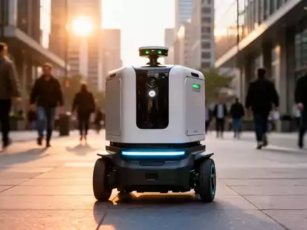 Ein autonomer Lieferroboter fährt zur goldenen Stunde über einen Gehweg in der Stadt. - Foto: über boerse-global.de