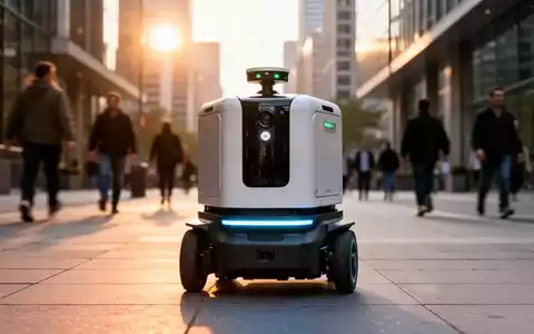 Ein autonomer Lieferroboter fährt zur goldenen Stunde über einen Gehweg in der Stadt. - Foto: über boerse-global.de