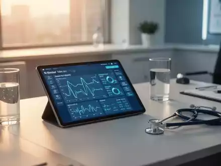 Ein medizinischer Schreibtisch mit einem Tablet für Gesundheitsdaten, einem Stethoskop und einem Glas Wasser. - Foto: über boerse-global.de
