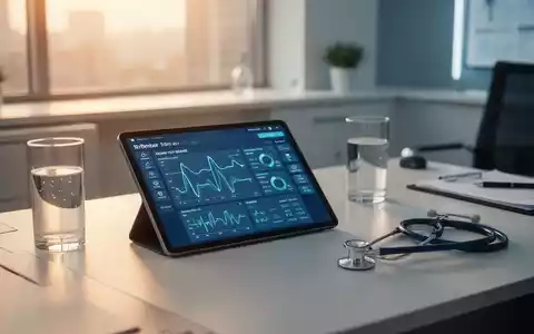Ein medizinischer Schreibtisch mit einem Tablet für Gesundheitsdaten, einem Stethoskop und einem Glas Wasser. - Foto: über boerse-global.de