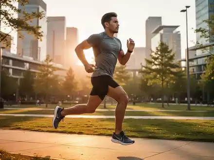Eine sportliche Person joggt in einem modernen Stadtpark bei goldenem Licht, was Dynamik und Vitalität symbolisiert. - Foto: über boerse-global.de