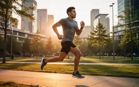 Eine sportliche Person joggt in einem modernen Stadtpark bei goldenem Licht, was Dynamik und Vitalität symbolisiert. - Foto: über boerse-global.de