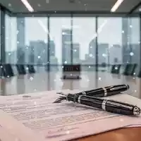 Ein edler Füllfederhalter auf einem Rechtsdokument in einem modernen Konferenzraum mit digitaler Netzwerkgrafik. - Foto: über boerse-global.de