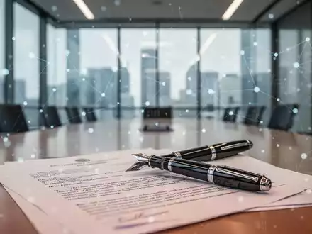Ein edler Füllfederhalter auf einem Rechtsdokument in einem modernen Konferenzraum mit digitaler Netzwerkgrafik. - Foto: über boerse-global.de