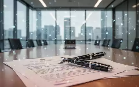 Ein edler Füllfederhalter auf einem Rechtsdokument in einem modernen Konferenzraum mit digitaler Netzwerkgrafik. - Foto: über boerse-global.de