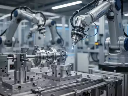 Moderne Produktionshalle mit mechanischen Bauteilen und Robotern im deutschen Maschinenbau. - Foto: über boerse-global.de