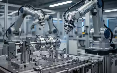 Moderne Produktionshalle mit mechanischen Bauteilen und Robotern im deutschen Maschinenbau. - Foto: über boerse-global.de