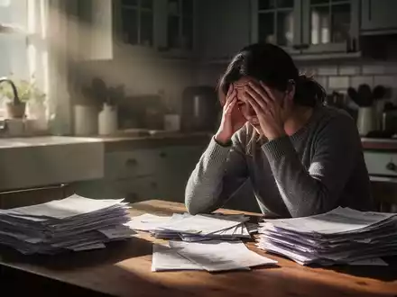 Eine gestresste Person sitzt an einem Küchentisch vor einem Stapel Rechnungen und Dokumenten. - Foto: über boerse-global.de
