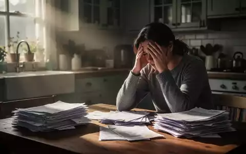 Eine gestresste Person sitzt an einem Küchentisch vor einem Stapel Rechnungen und Dokumenten. - Foto: über boerse-global.de