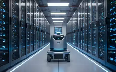 Autonomer Roboter navigiert durch ein modernes High-Tech-Rechenzentrum mit Serverracks und blauer Beleuchtung. - Foto: über boerse-global.de