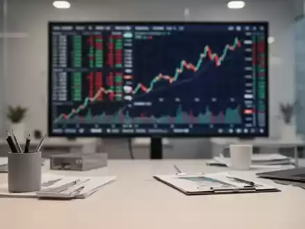 Ein moderner Finanzarbeitsplatz mit verschwommenen Börsendaten auf einem Monitor im Hintergrund. - Foto: über boerse-global.de
