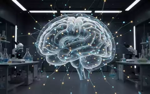 Visualisierung eines menschlichen Gehirns mit leuchtenden neuronalen Netzwerken in einer wissenschaftlichen Laborumgebung. - Foto: über boerse-global.de