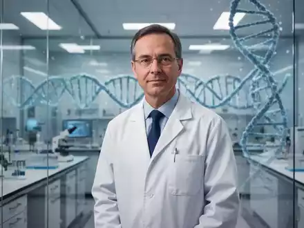 Ein Wissenschaftler in einem modernen Labor vor einer digitalen Darstellung einer DNA-Struktur. - Foto: über boerse-global.de