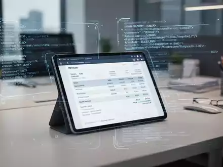 Ein Tablet auf einem Schreibtisch zeigt digitale Rechnungsdaten und XML-Code als Symbol für die E-Rechnungspflicht. - Foto: über boerse-global.de