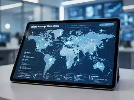 Ein digitales Tablet zeigt eine komplexe Reiseplanung mit globalen Datenknotenpunkten in einer modernen Büroumgebung. - Foto: über boerse-global.de