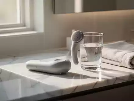 Ein minimalistisches, modernes Beauty-Gerät aus Silikon auf einer sauberen Marmoroberfläche im Badezimmer. - Foto: über boerse-global.de
