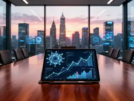 Ein moderner Konferenzraum mit digitalen Finanzdiagrammen auf einem Tablet als Symbol für KI-gestützte Strategieentwicklung. - Foto: über boerse-global.de