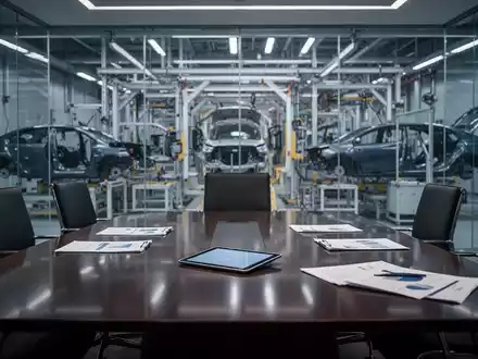 Moderner Konferenzraum in einem Automobilwerk mit Blick auf eine Produktionslinie. - Foto: über boerse-global.de