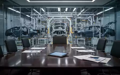 Moderner Konferenzraum in einem Automobilwerk mit Blick auf eine Produktionslinie. - Foto: über boerse-global.de