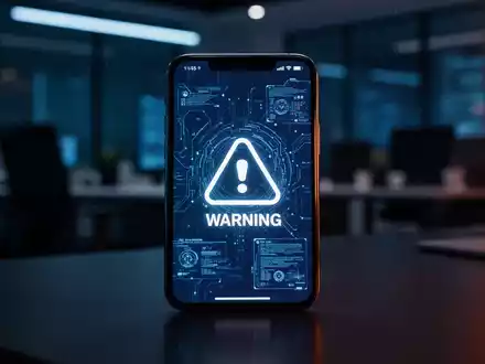 Ein Smartphone-Bildschirm mit einem Warnsymbol vor einem verschwommenen, professionellen Büro-Hintergrund. - Foto: über boerse-global.de