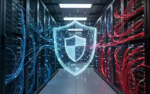 Ein beleuchteter Serverraum mit glühenden Glasfaserkabeln und einem flackernden digitalen Schutzschild als Symbol für KI-Sicherheitsrisiken. - Foto: über boerse-global.de