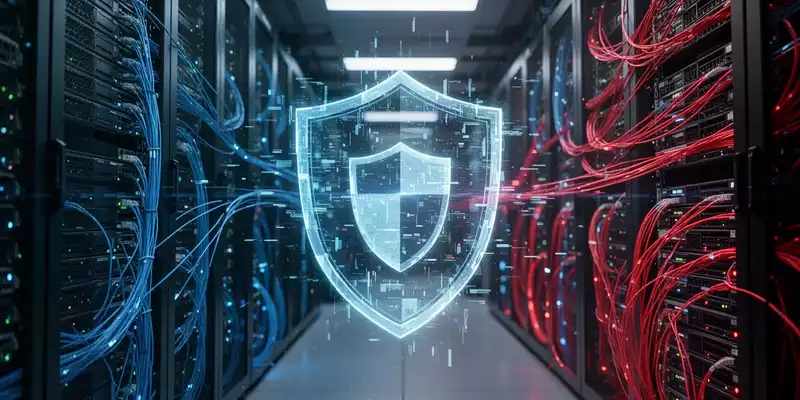 Ein beleuchteter Serverraum mit glühenden Glasfaserkabeln und einem flackernden digitalen Schutzschild als Symbol für KI-Sicherheitsrisiken. - Foto: über boerse-global.de