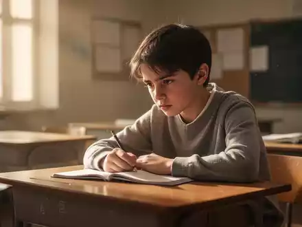Ein nachdenklicher Schüler sitzt an einem Schreibtisch in einem von der Sonne aufgeheizten Klassenzimmer. - Foto: über boerse-global.de
