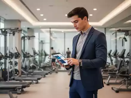 Ein junger Sportwissenschaftler mit Tablet in einem modernen Fitnessstudio, der die Professionalisierung der Branche symbolisiert. - Foto: über boerse-global.de