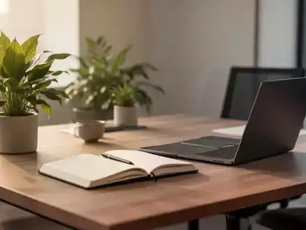 Ein minimalistischer, heller Arbeitsplatz mit einer Pflanze und einem Notizbuch, der Ruhe und mentale Stabilität symbolisiert. - Foto: über boerse-global.de