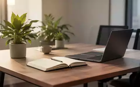 Ein minimalistischer, heller Arbeitsplatz mit einer Pflanze und einem Notizbuch, der Ruhe und mentale Stabilität symbolisiert. - Foto: über boerse-global.de