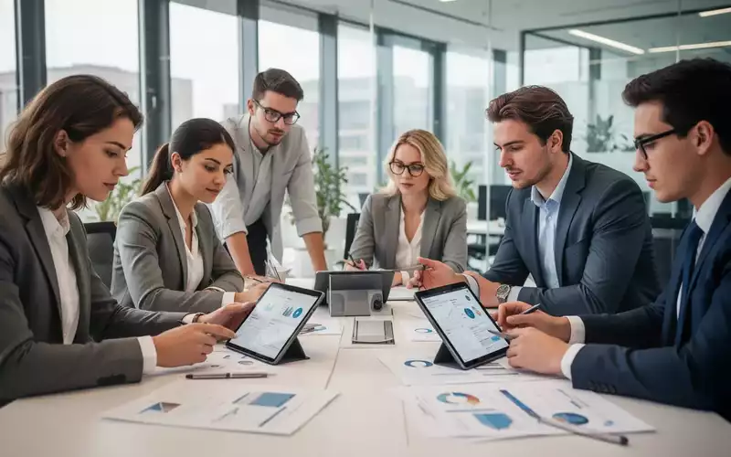 Junge Berufstätige bei der Zusammenarbeit in einem modernen Büro während einer Ausbildung oder eines dualen Studiums. - Foto: über boerse-global.de