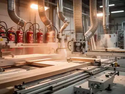 Moderne holzverarbeitende Industrieanlage mit Absauganlage und Brandschutzvorrichtungen in professioneller Lichtstimmung. - Foto: über boerse-global.de