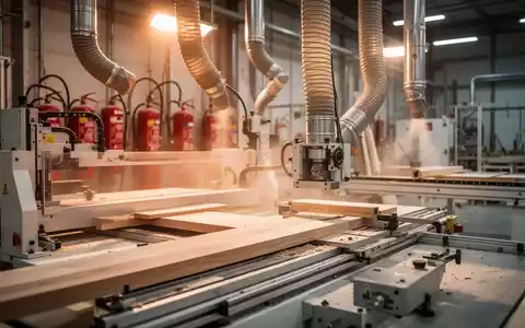 Moderne holzverarbeitende Industrieanlage mit Absauganlage und Brandschutzvorrichtungen in professioneller Lichtstimmung. - Foto: über boerse-global.de