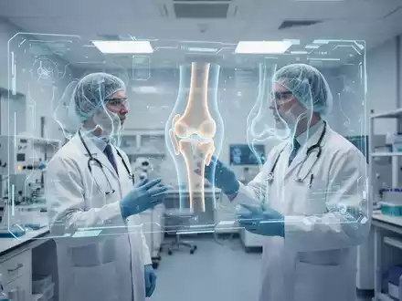 Eine wissenschaftliche Fachkraft analysiert digitale 3D-Modelle eines menschlichen Kniegelenks in einem modernen Labor. - Foto: über boerse-global.de