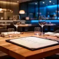 Ein modern eingerichteter Gastronomiebereich mit einem Menü auf einem Holztisch bei stimmungsvoller Beleuchtung. - Foto: über boerse-global.de