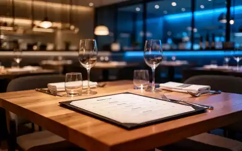 Ein modern eingerichteter Gastronomiebereich mit einem Menü auf einem Holztisch bei stimmungsvoller Beleuchtung. - Foto: über boerse-global.de