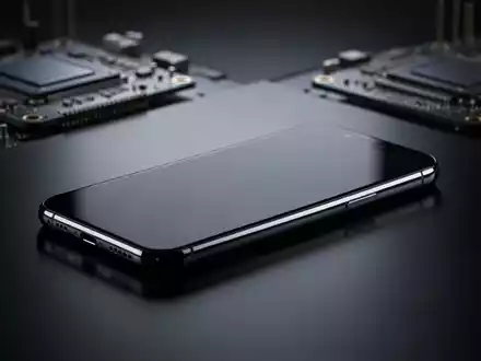 Nahaufnahme eines hochwertigen Smartphones auf einer reflektierenden Oberfläche, umgeben von technischer Industrie-Ästhetik. - Foto: über boerse-global.de