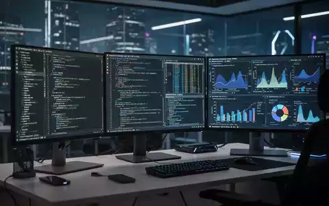 Moderner Arbeitsplatz eines Softwareentwicklers mit Code-Anzeige und Datenvisualisierungen auf mehreren Bildschirmen. - Foto: über boerse-global.de