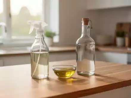 Ein Glas mit einer Reinigungslösung, Essig und Olivenöl auf einer minimalistischen Holzarbeitsplatte bei Tageslicht. - Foto: über boerse-global.de
