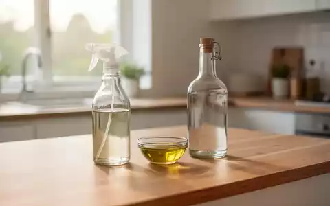 Ein Glas mit einer Reinigungslösung, Essig und Olivenöl auf einer minimalistischen Holzarbeitsplatte bei Tageslicht. - Foto: über boerse-global.de