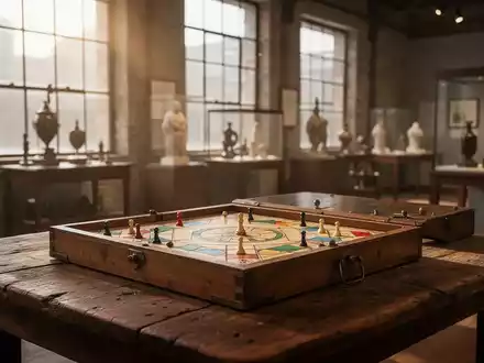 Ein hölzernes historisches Brettspiel auf einem Museumstisch in einem hellen, atmosphärischen Ausstellungsraum. - Foto: über boerse-global.de